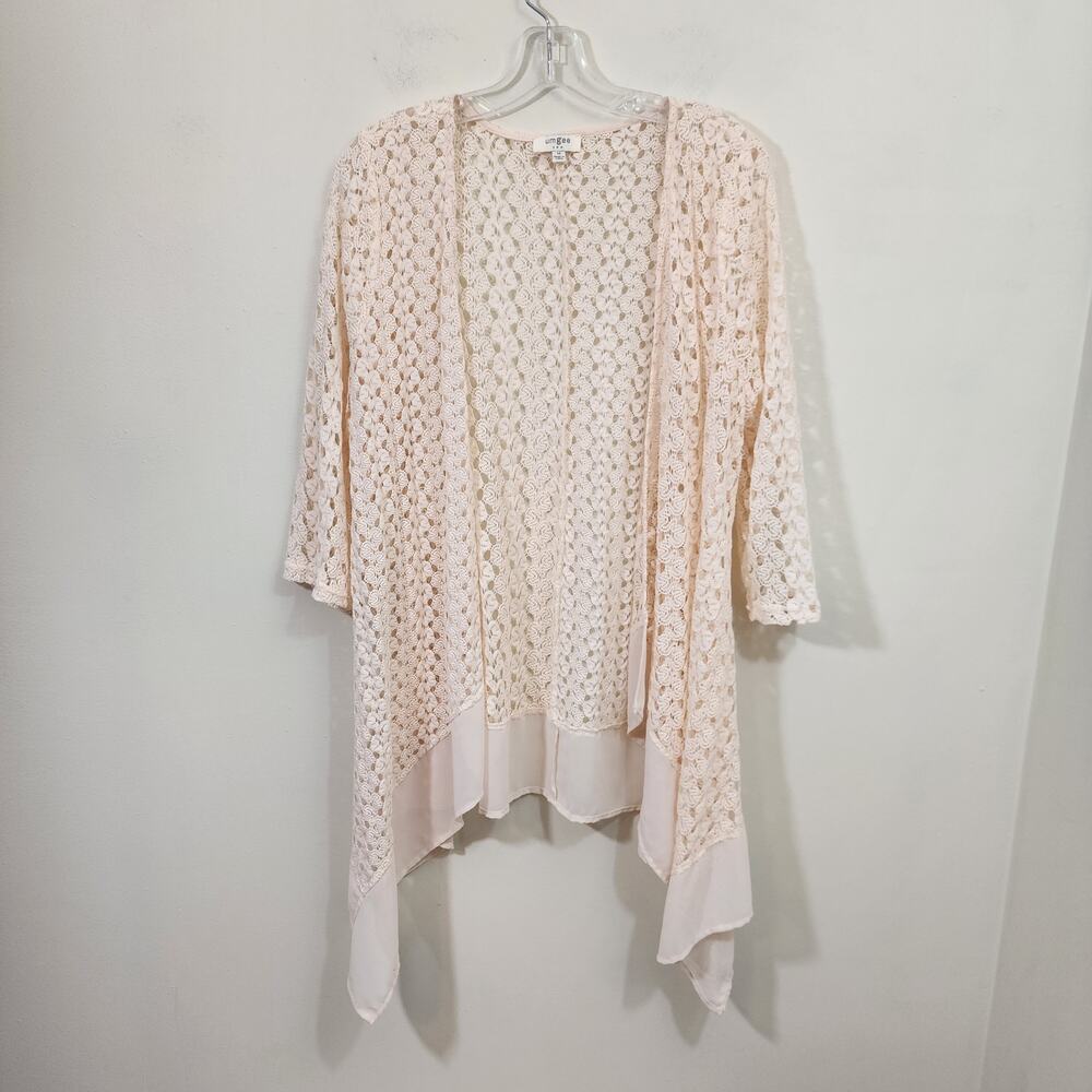 Umgee crochet 3/4 sleeve‎ with sheer trim kimono / cardigan woman's size medium